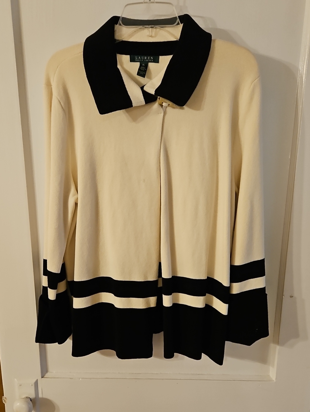 Lauren Ralph Lauren Cream Sweater with Black Collar and Stripes
